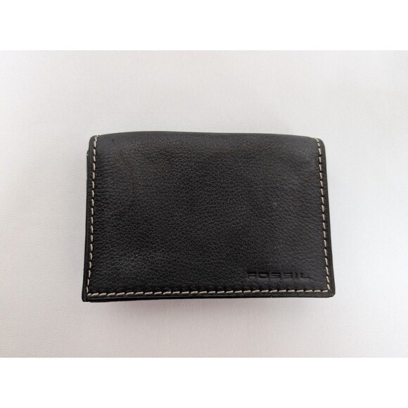 Fossil Mens Black Pebbled Leather Small Bifold Card Holder Wallet Snap ID Pocket - Picture 2 of 7